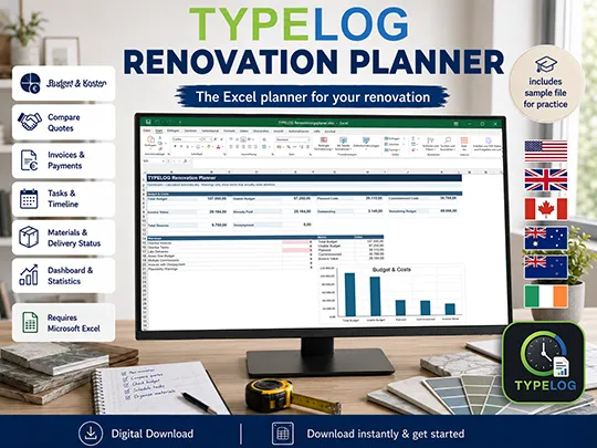 TYPELOG Renovation Planner for Microsoft Excel for budgets, costs, quotes and schedules