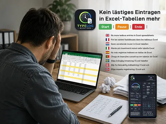 Genervter Anwender trägt Arbeitszeiten manuell in eine Excel-Tabelle ein, daneben ist der TYPELOG Worktimer auf einem Tablet zu sehen