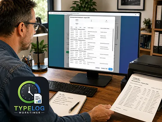 Anwender prüft eine Monatsübersicht des TYPELOG Worktimer am Desktop und druckt das Arbeitszeitprotokoll aus