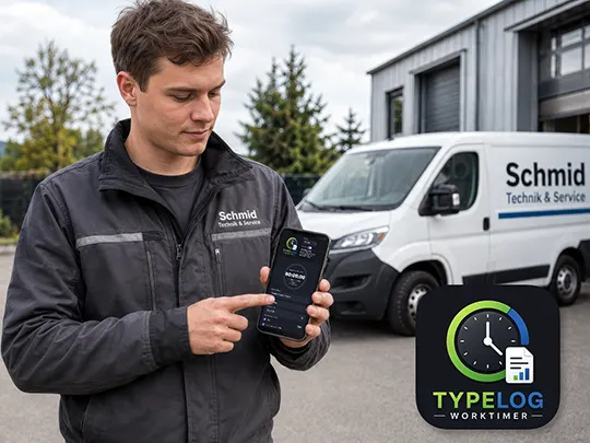 Servicetechniker im Fahrzeug liest ein TYPELOG Worktimer Backup auf dem Smartphone ein