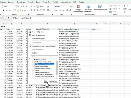 Exported working hours table with filter functions