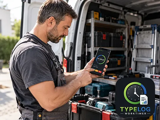 Handwerker erfasst Arbeitszeit am Servicefahrzeug mit TYPELOG Worktimer.
