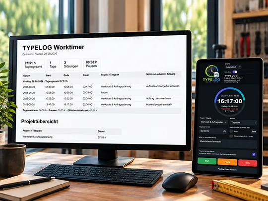 Ansicht vergrößern TYPELOG Worktimer, Stundenerfassung am Arbeitsende mit Tagesauswertung